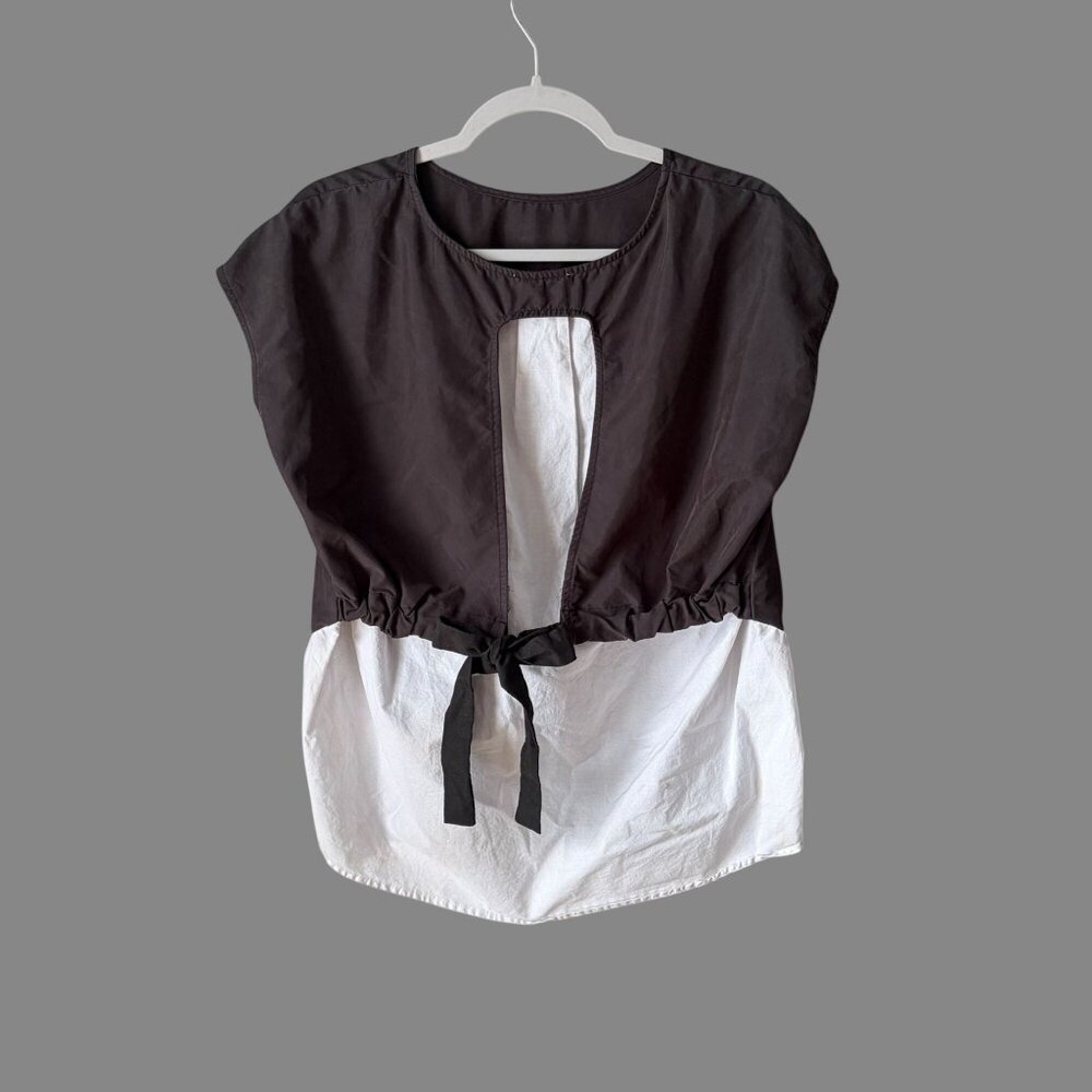 Mod Ref Colorblock Tie Front Top Black White Hi Low Hem Shirt Size Medium - Picture 4 of 8